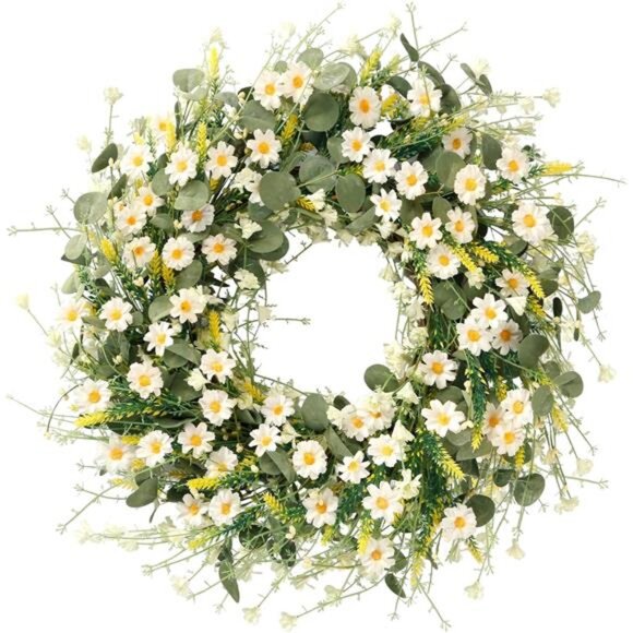 White Daisy Wreath 24 Inch Spring Summer Wreath Fake Silk Floral Wreath - Picture 1 of 8